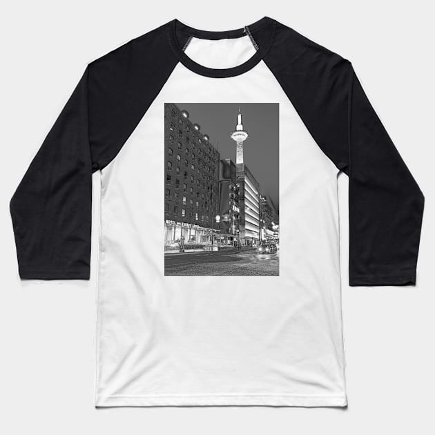 Hotel New Hankyo and Kyoto Tower in Kyoto Baseball T-Shirt by Offiinhoki